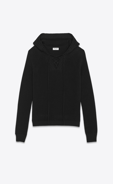 Knit hoodie with lace-up collar